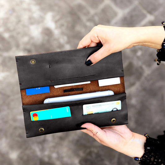 The Horizon: A Semi-Stitched Leather Long Wallet and Clutch - Coffee Color wolf.pk
