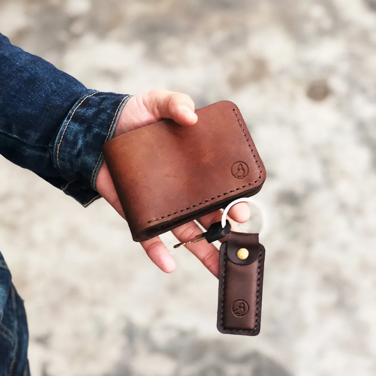 The Rectangle Shaped: A Hand-Stitched Leather Keychain - Coffee Color