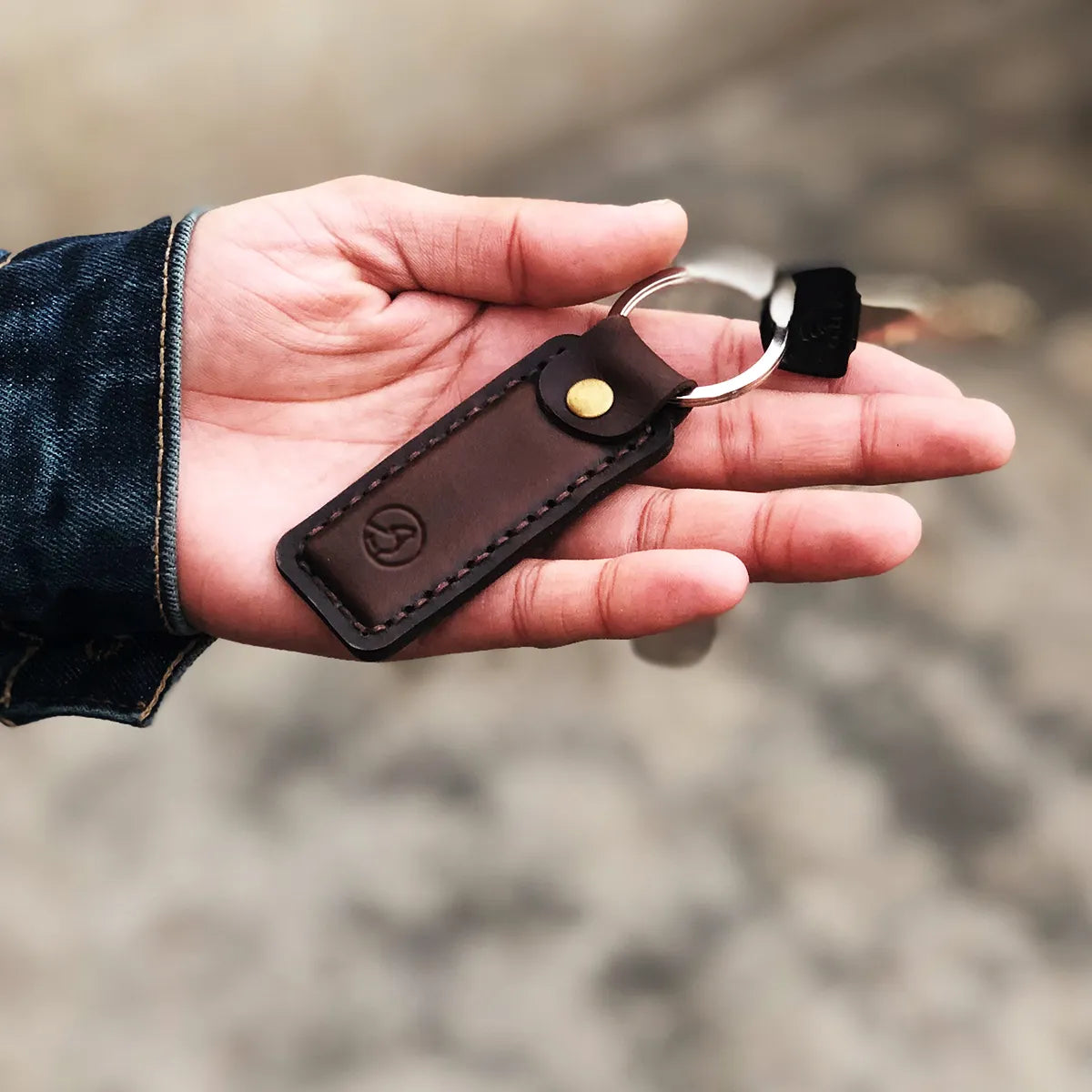 The Rectangle Shaped: A Hand-Stitched Leather Keychain - Coffee Color